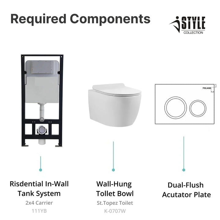iStyle K-0707 Wall Hung Toilet with In-Wall Tank & Carrier System