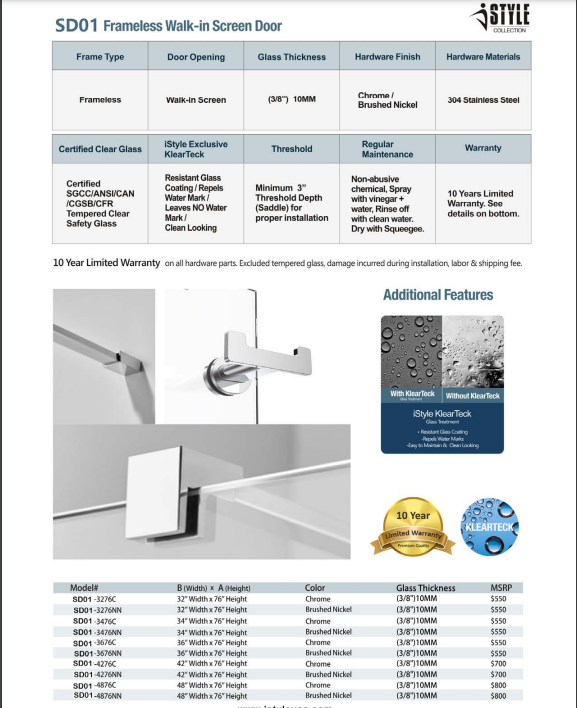iStyle Walk In Shower Door SD01-4276NN 42" W x 76" H Brushed Nickel
