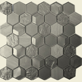 Imagery Glass ALH-3 Nickel 2" Glass and Stone Hexagon Mosaic