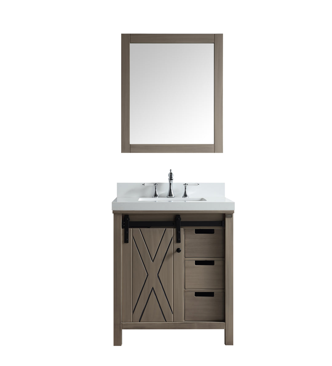 Lexora Marsyas 30" Ash Grey Single Vanity, White Quartz Top, White Square Sink and 28" Mirror LM342230SHCSM28
