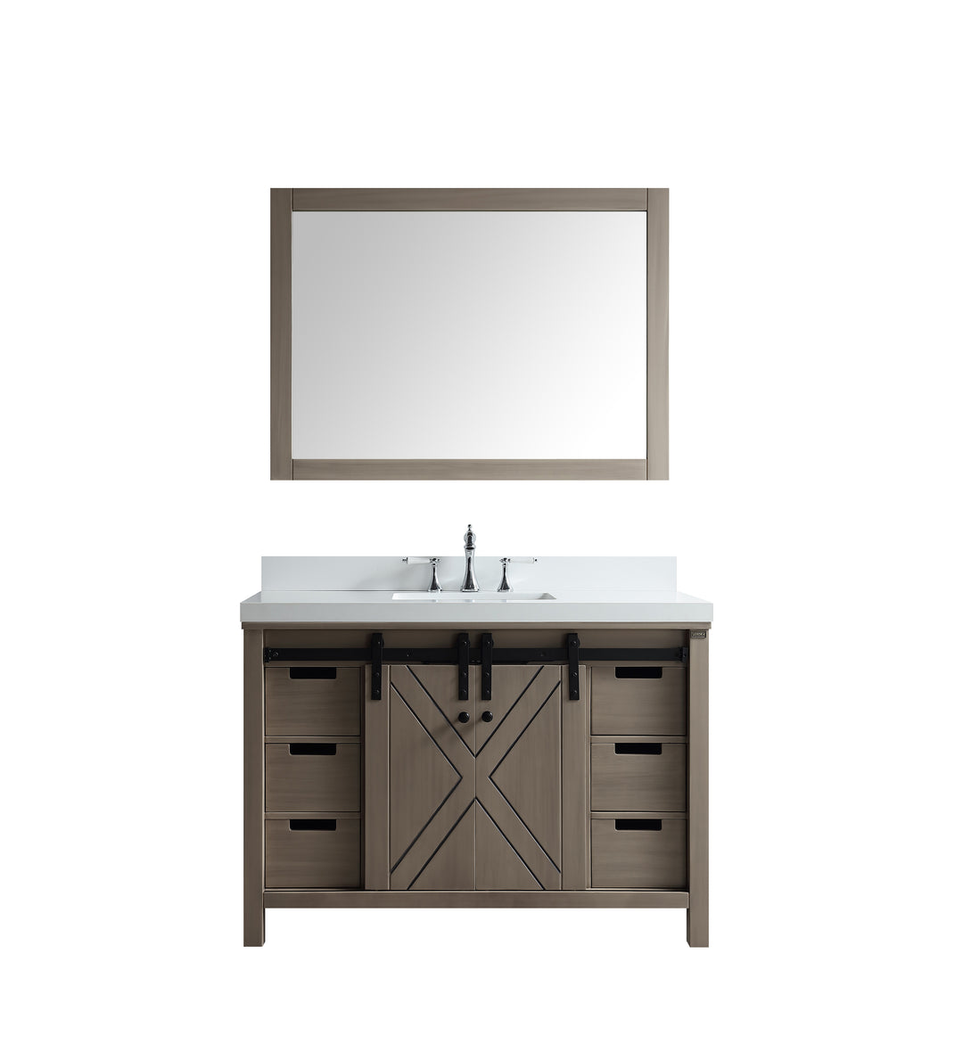 Lexora Marsyas 48" Ash Grey Single Vanity, White Quartz Top, White Square Sink and 44" Mirror LM342248SHCSM44