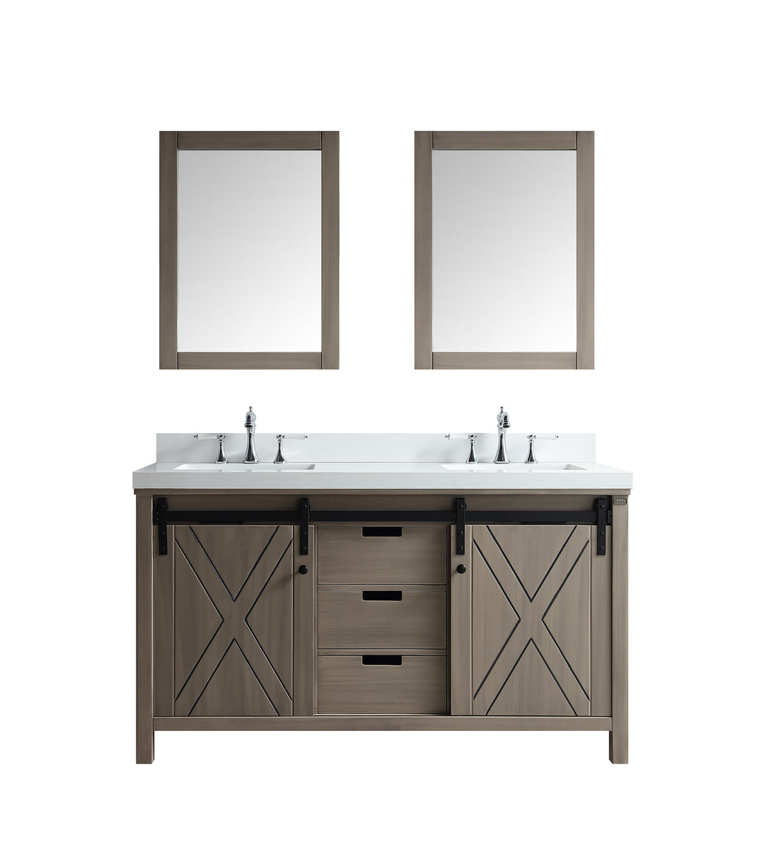 Lexora Marsyas 60" Ash Grey Double Vanity, White Quartz Top, White Square Sinks and 24" Mirrors LM342260DHCSM24