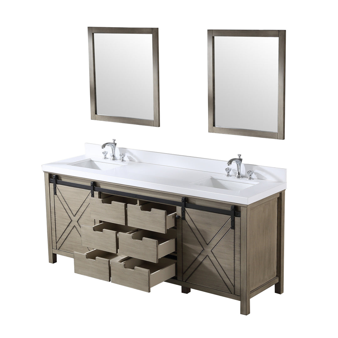 Lexora Marsyas 80" Ash Grey Double Vanity Ash Grey, White Quartz Top, White Square Sinks and 30" Mirrors LM342280DHCSM30