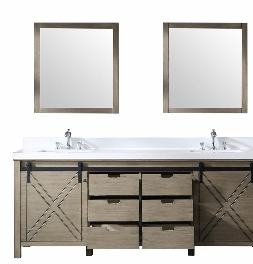 Lexora Marsyas 84" Ash Grey Double Vanity, White Quartz Top, White Square Sinks and 34" Mirrors LM342284DHCSM34