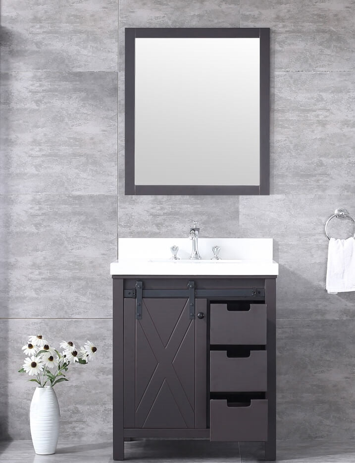 Lexora Marsyas 30" Brown Single Vanity, White Quartz Top, White Square Sink and 28" Mirror LM342230SCCSM28