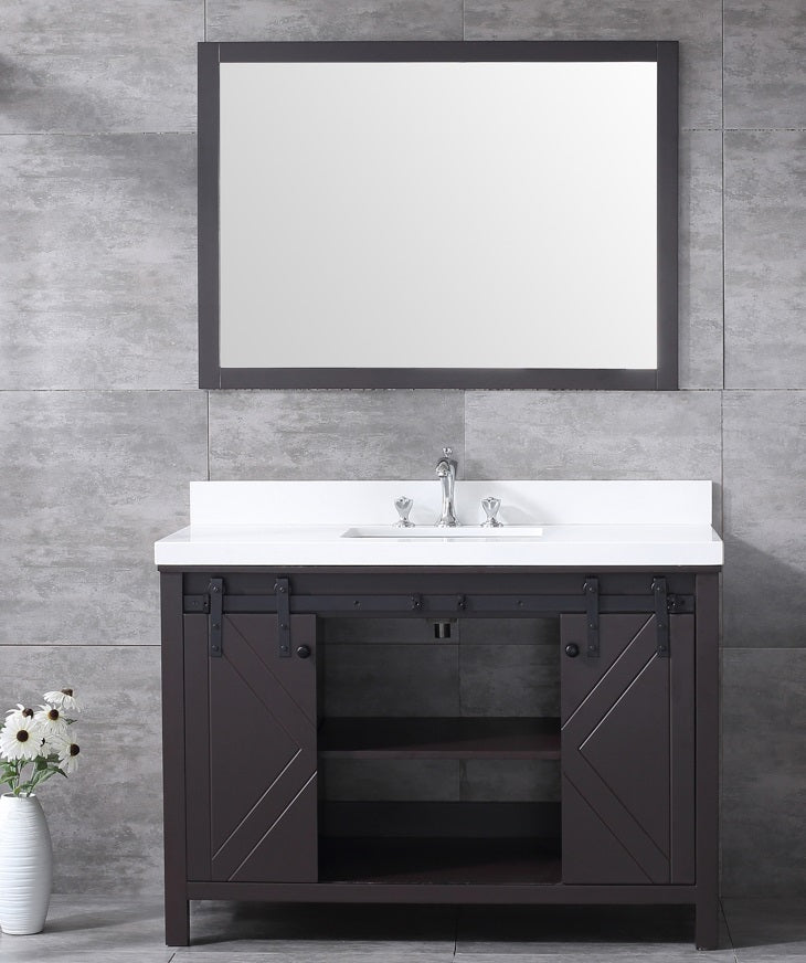 Lexora Marsyas 48" Brown Single Vanity, White Quartz Top, White Square Sink and 44" Mirror LM342248SCCSM44