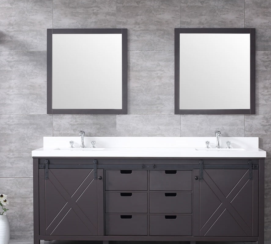 Lexora Marsyas 80" Brown Double Vanity, White Quartz Top, White Square Sinks and 30" Mirrors LM342280DCCSM30