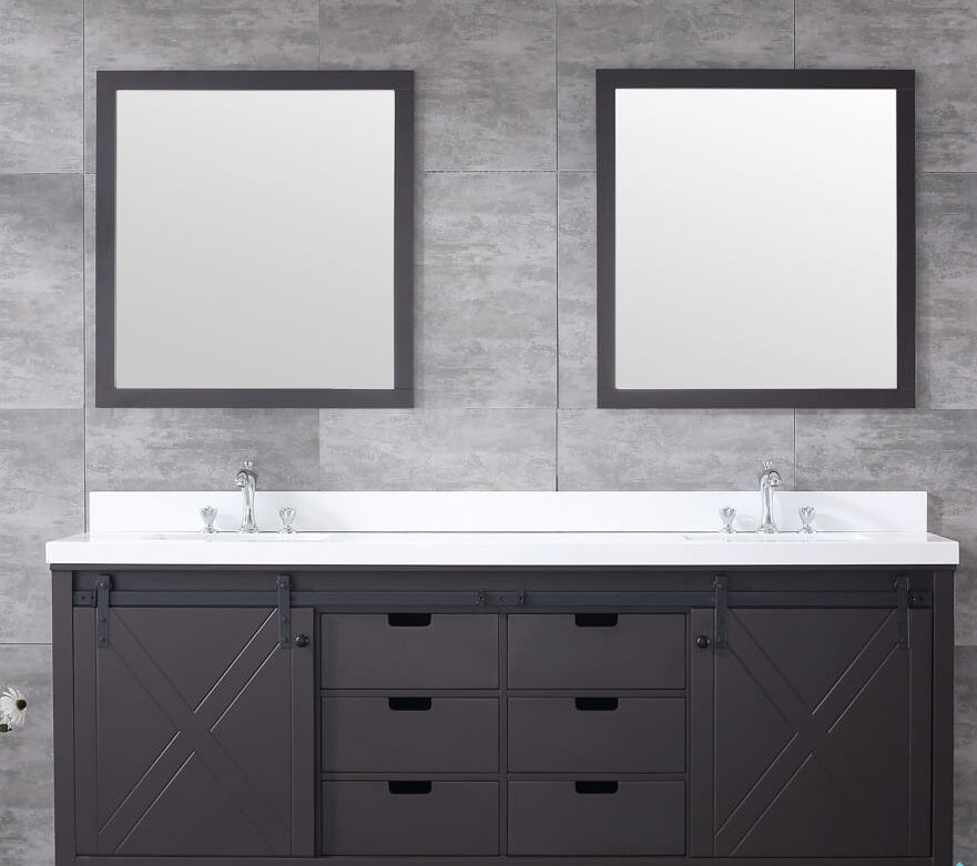 Lexora Marsyas 84" Brown Double Vanity, White Quartz Top, White Square Sinks and 34" Mirrors LM342284DCCSM34