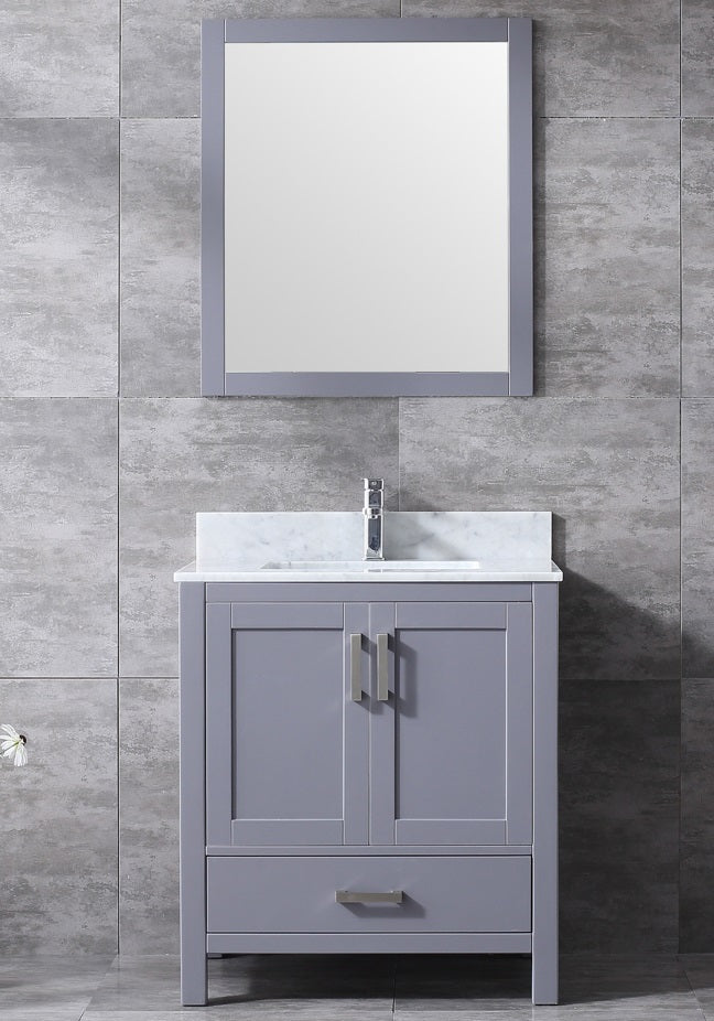 Lexora Jacques 30" Dark Grey Single Vanity, White Carrara Marble Top, White Square Sink and 28" Mirror LJ342230SBDSM28