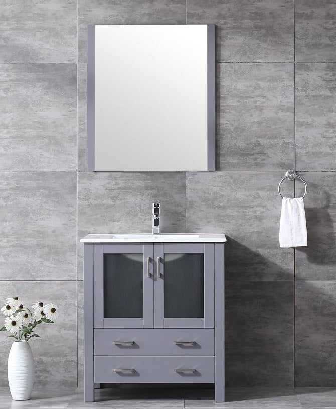 Lexora Volez 30" Dark Grey Single Vanity, Integrated Top, White Integrated Square Sink and 28" Mirror LV341830SBESM28