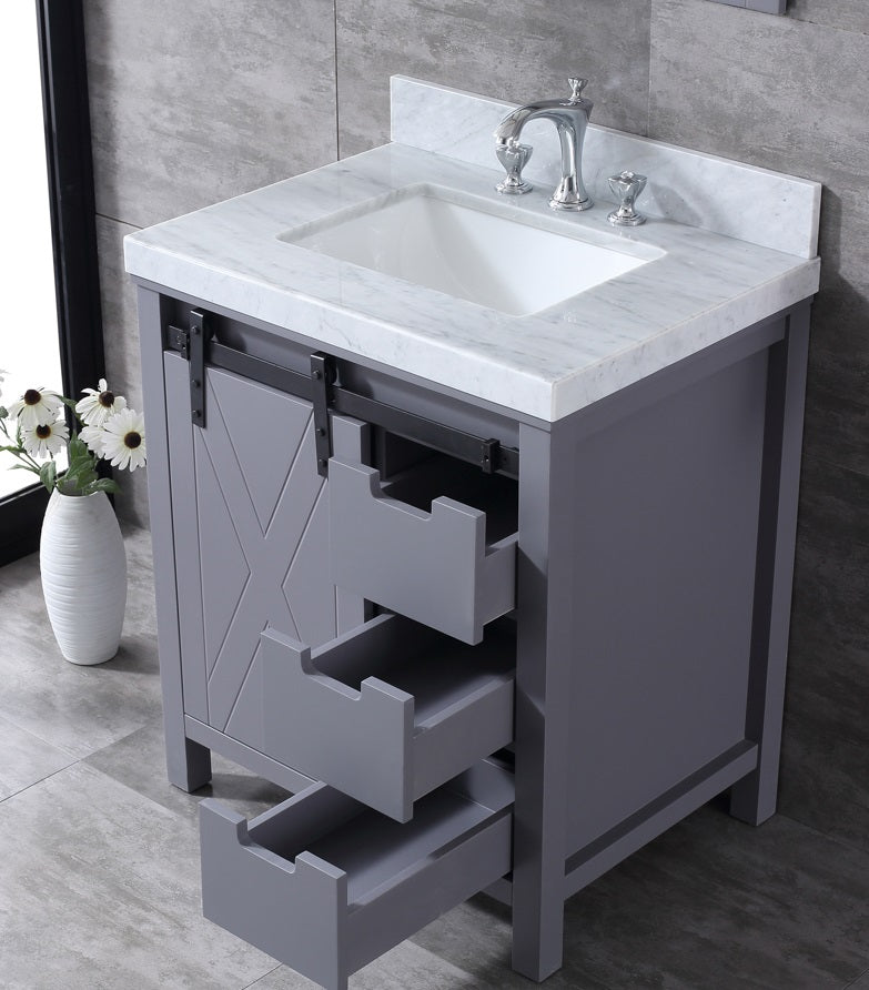 Lexora Marsyas 30" Dark Grey Single Vanity, White Carrara Marble Top, White Square Sink and 28" Mirror LM342230SBBSM28