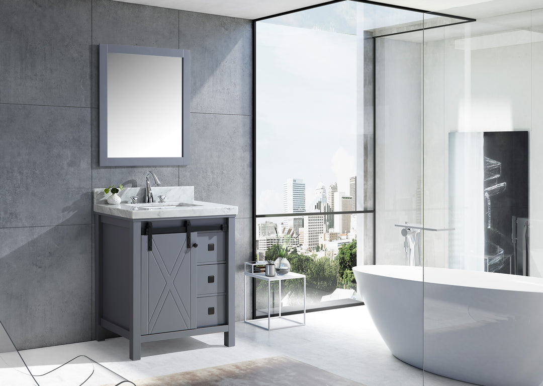 Lexora Marsyas Veluti 30" Dark Grey Single Vanity, White Carrara Marble Top, White Square Sink and 28" Mirror LM343330SBBSM28