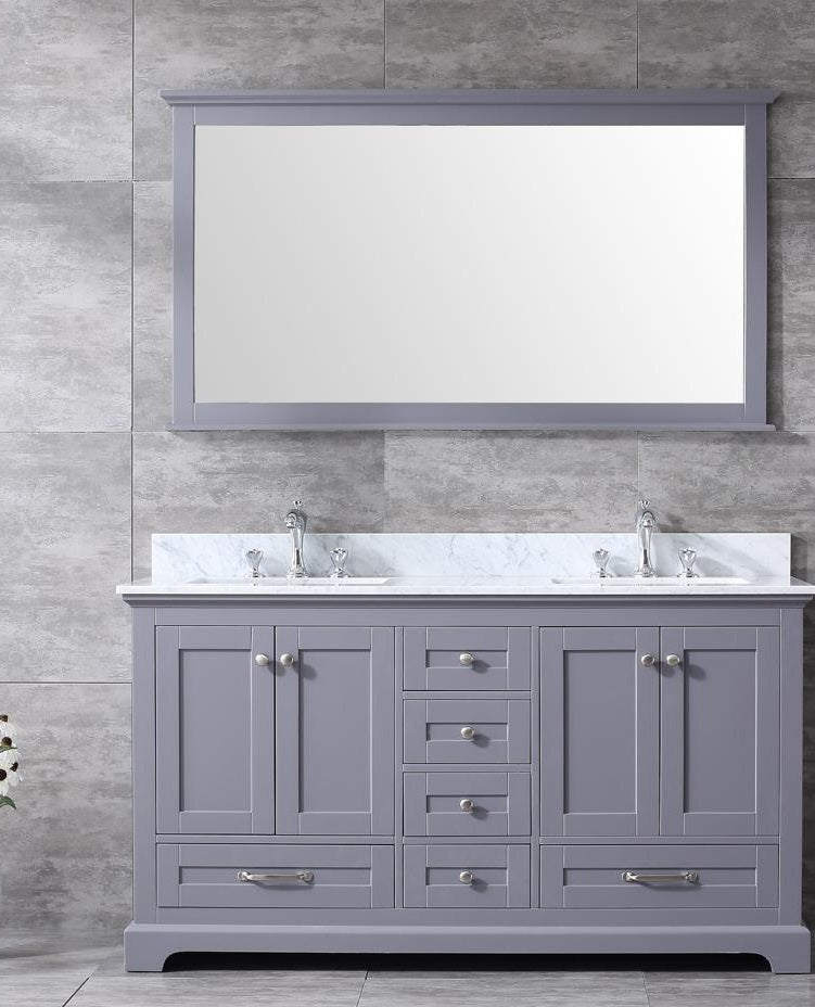 Lexora Dukes 60" Dark Grey Double Vanity, White Carrara Marble Top, White Square Sinks and 58" Mirror LD342260DBDSM58