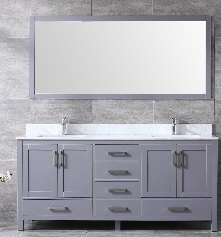 Lexora Jacques 72" Dark Grey Double Vanity, White Carrara Marble Top, White Square Sinks and 70" Mirror LJ342272DBDSM70