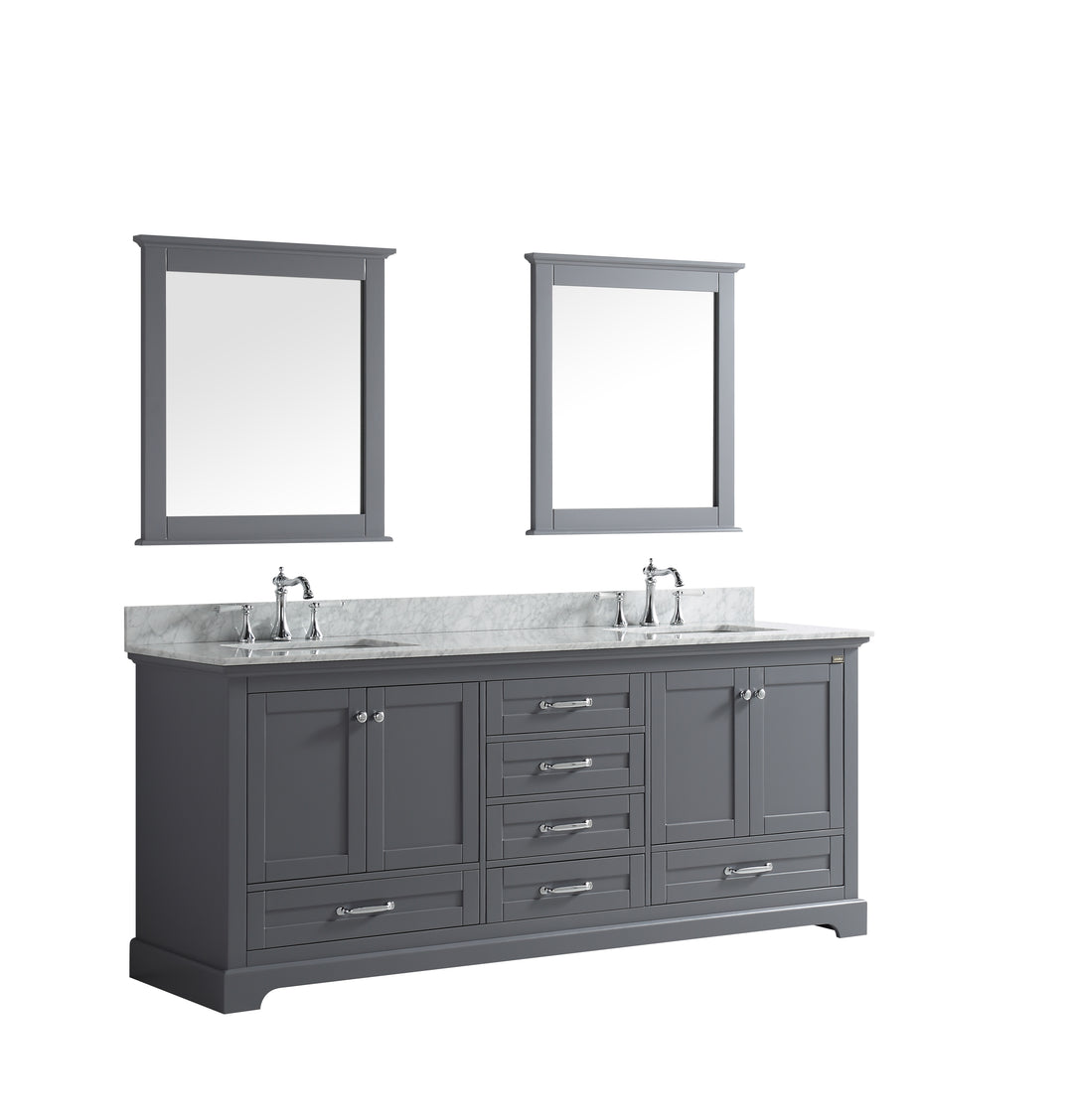 Lexora Dukes 80" Dark Grey Double Vanity, White Carrara Marble Top, White Square Sinks and 30" Mirrors LD342280DBDSM30