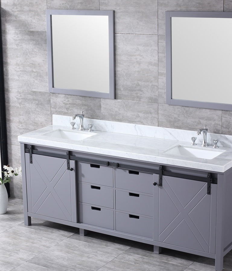 Lexora Marsyas 80" Dark Grey Double Vanity, White Carrara Marble Top, White Square Sinks and 30" Mirrors LM342280DBBSM30