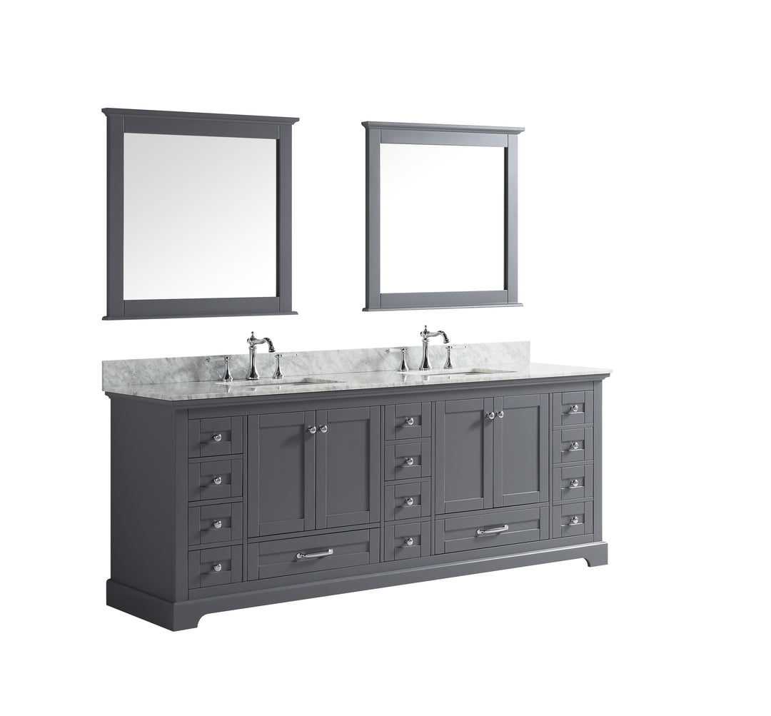 Lexora Dukes 84" Dark Grey Double Vanity, White Carrara Marble Top, White Square Sinks and 34" Mirrors LD342284DBDSM34