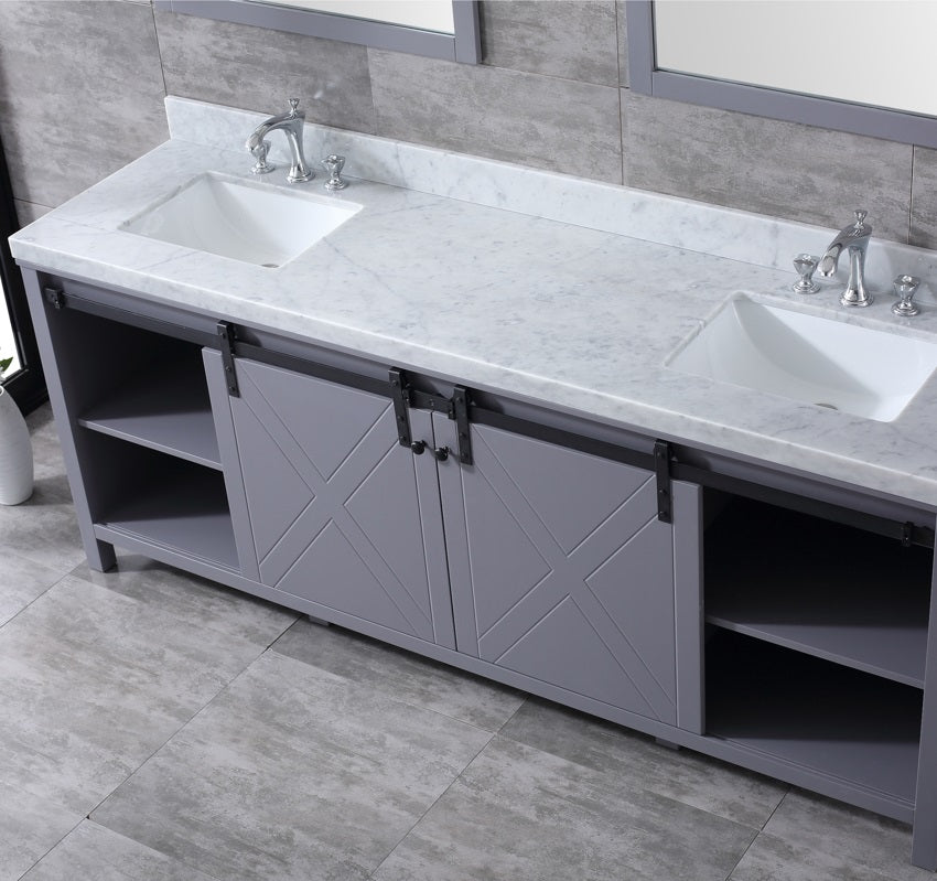 Lexora Marsyas 84" Dark Grey Double Vanity, White Carrara Marble Top, White Square Sinks and 34" Mirrors LM342284DBBSM34
