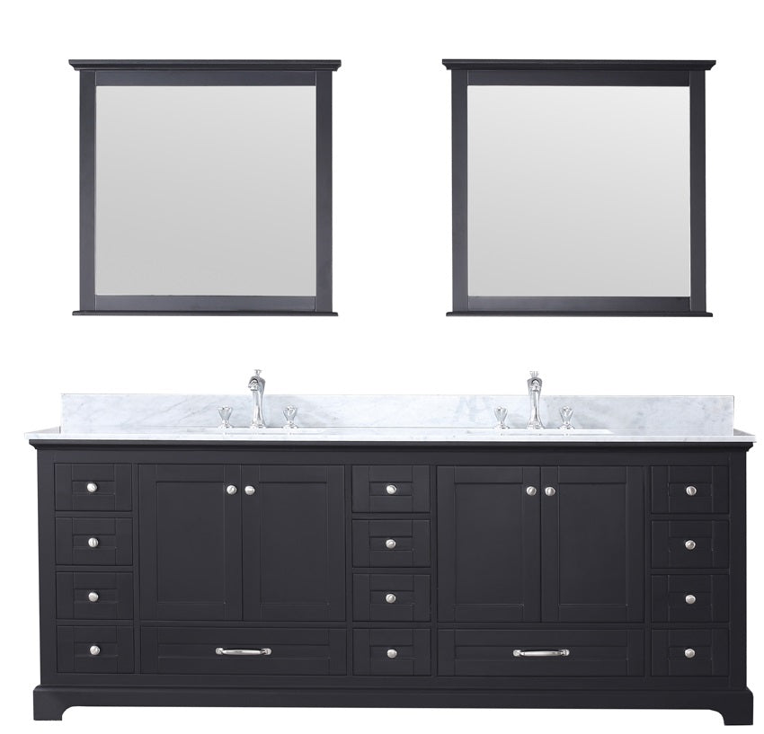 Lexora Dukes 84" Espresso Double Vanity, White Carrara Marble Top, White Square Sinks and 34" Mirrors LD342284DGDSM34