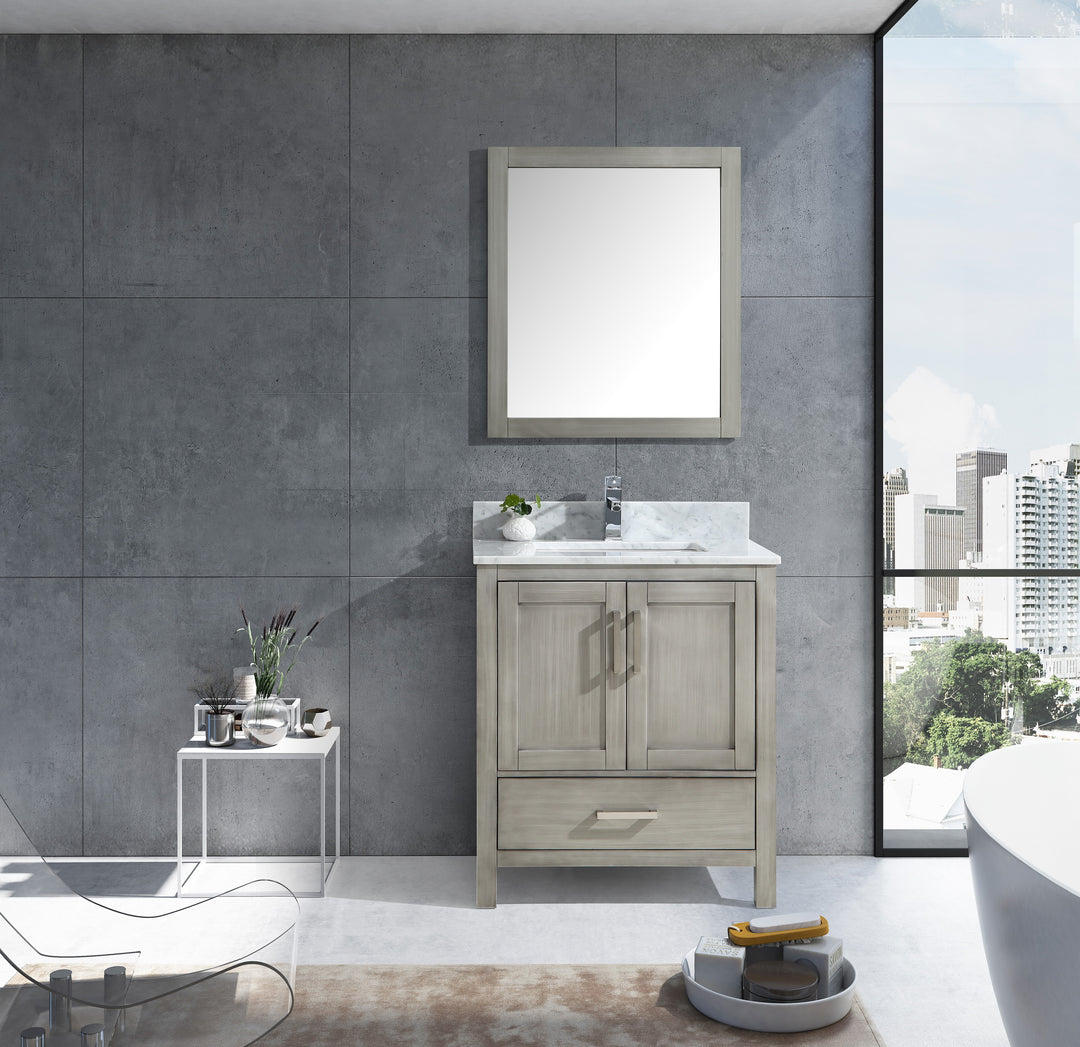 Lexora Jacques 30" Distressed Grey Single Vanity, White Carrara Marble Top, White Square Sink and 28" Mirror  LJ342230SDDSM28