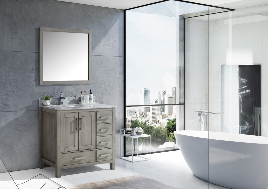 Lexora Jacques 36" Distressed Grey Single Vanity, White Carrara Marble Top, White Square Sink and 34" Mirror - Left Version LJ342236SDDSM34-L