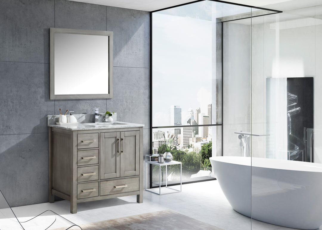 Lexora Jacques 36" Distressed Grey Single Vanity, White Carrara Marble Top, White Square Sink and 34" Mirror - Right Version LJ342236SDDSM34-R