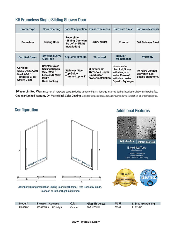 iStyle Shower Door KH 56" - 60" W x 76" H