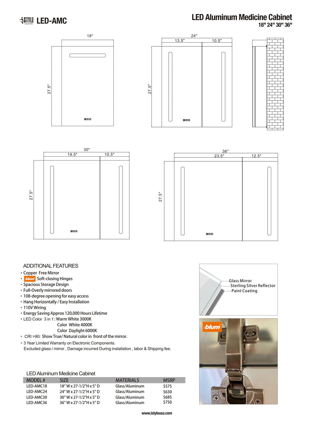 iStyle LED Aluminum Medicine Cabinet LED-AMC