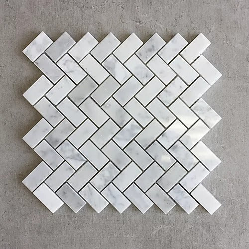 Elegant Mosaic MW74 White Carrara 1" x 2" Herringbone on 11.75" x 11.75"