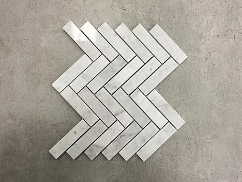 Elegant Mosaic MW75 White Carrara 1" x 4" Herringbone on 12" x 12"