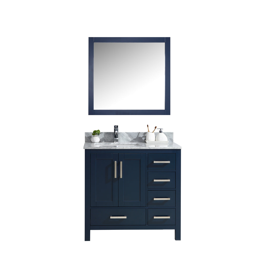 Lexora Jacques 36" Navy Blue Single Vanity, White Carrara Marble Top, White Square Sink and 34" Mirror - Left Version LJ342236SEDSM34-L