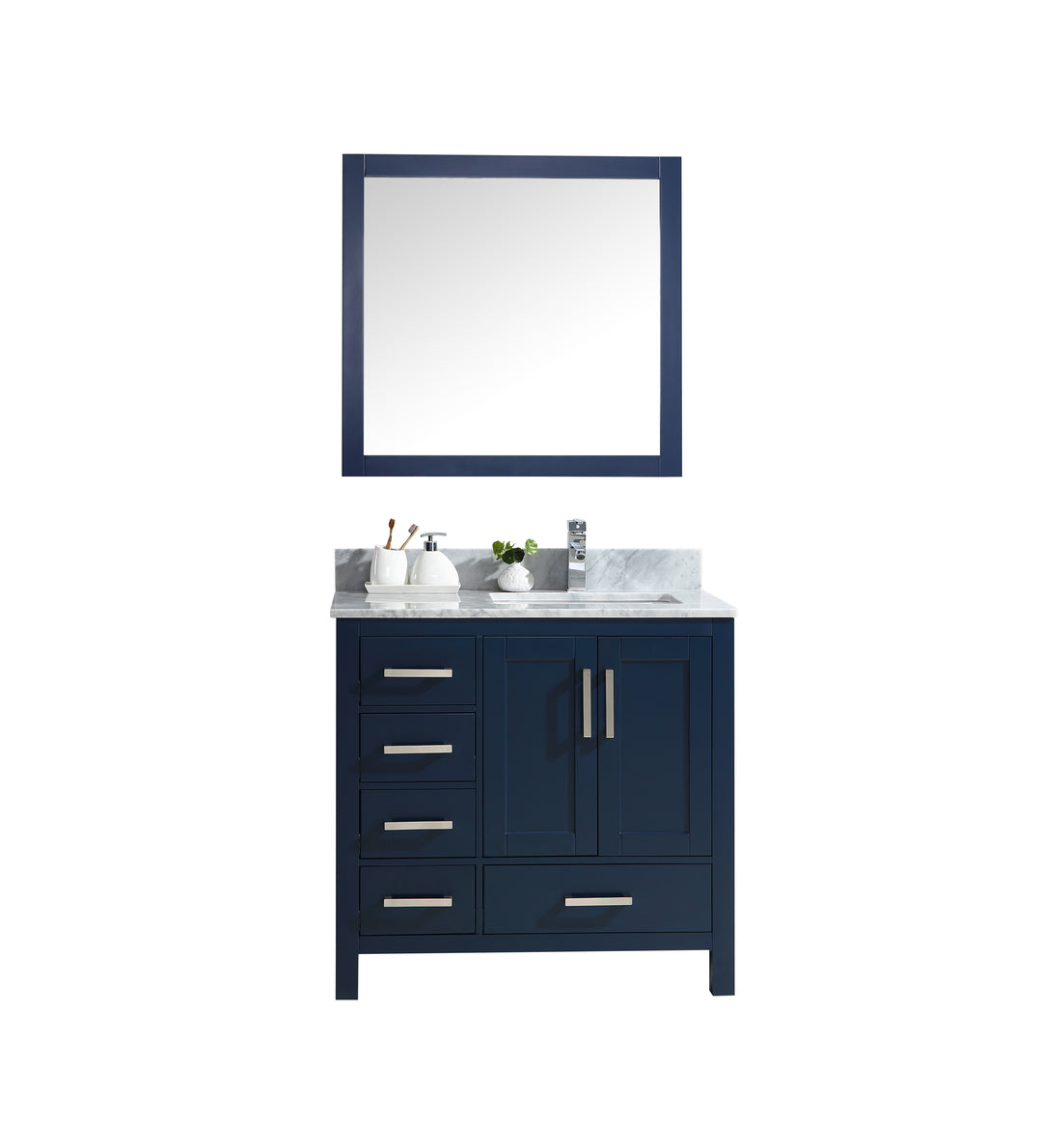 Lexora Jacques 36" Navy Blue Single Vanity, White Carrara Marble Top, White Square Sink and 34" Mirror - Right Version LJ342236SEDSM34-R