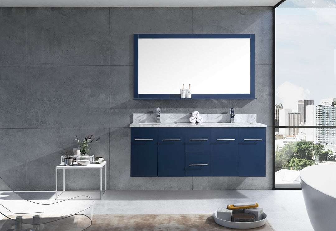 Lexora Amelie 60" Navy Blue Double Vanity, White Carrara Marble Top, White Square Sinks and 60" Mirror LA222260DEDSM60