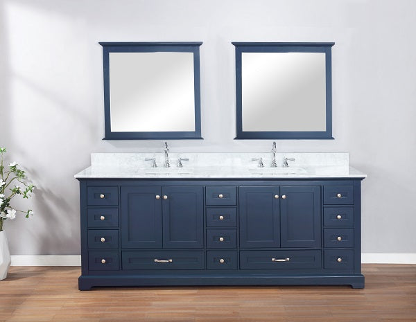 Lexora Dukes 84" Navy Blue Double Vanity, White Carrara Marble Top, White Square Sinks and 34" Mirrors LD342284DEDSM34