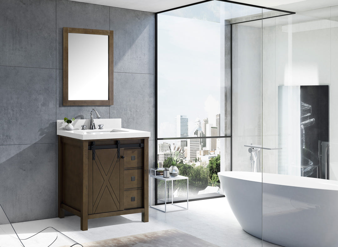 Lexora Marsyas Veluti 30" Rustic Brown Single Vanity, White Quartz Top, White Square Sink and 28" Mirror LM343330SKCSM28