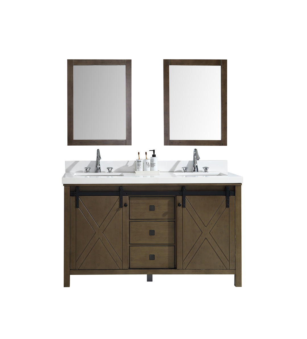 Lexora Marsyas Veluti 60" Rustic Brown Double Vanity, White Quartz Top, White Square Sinks and 24" Mirrors LM343360DKCSM24