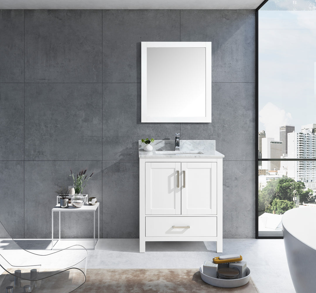 Lexora Jacques 30" White Single Vanity, White Carrara Marble Top, White Square Sink and 28" Mirror  LJ342230SADSM28