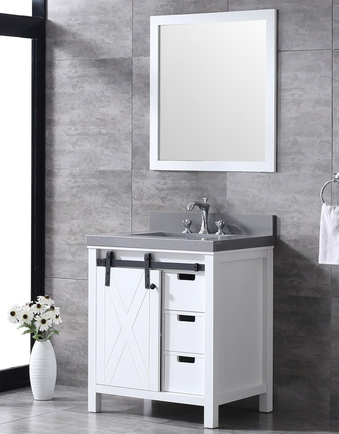 Lexora Marsyas 30" White Single Vanity, Grey Quartz Top, White Square Sink and 28" Mirror LM342230SAASM28