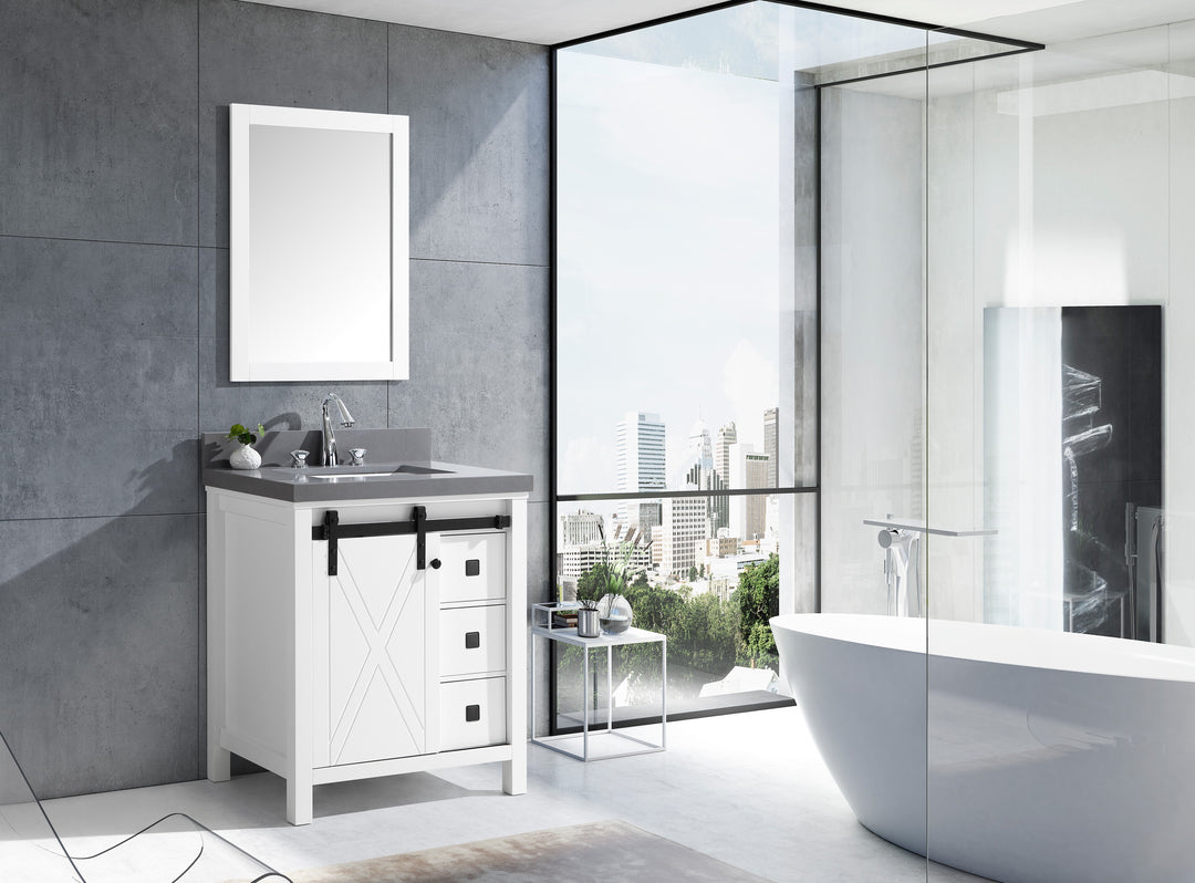 Lexora Marsyas Veluti 30" White Single Vanity, Grey Quartz Top, White Square Sink and 28" Mirror LM343330SAASM28