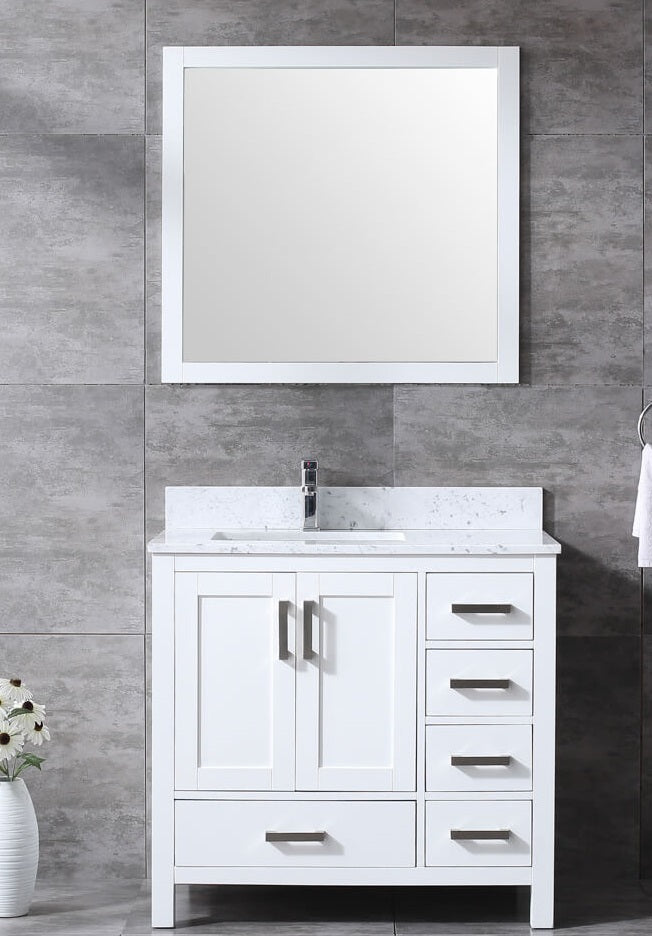 Lexora Jacques 36" White Single Vanity, White Carrara Marble Top, White Square Sink and 34" Mirror - Left Version LJ342236SADSM34-L
