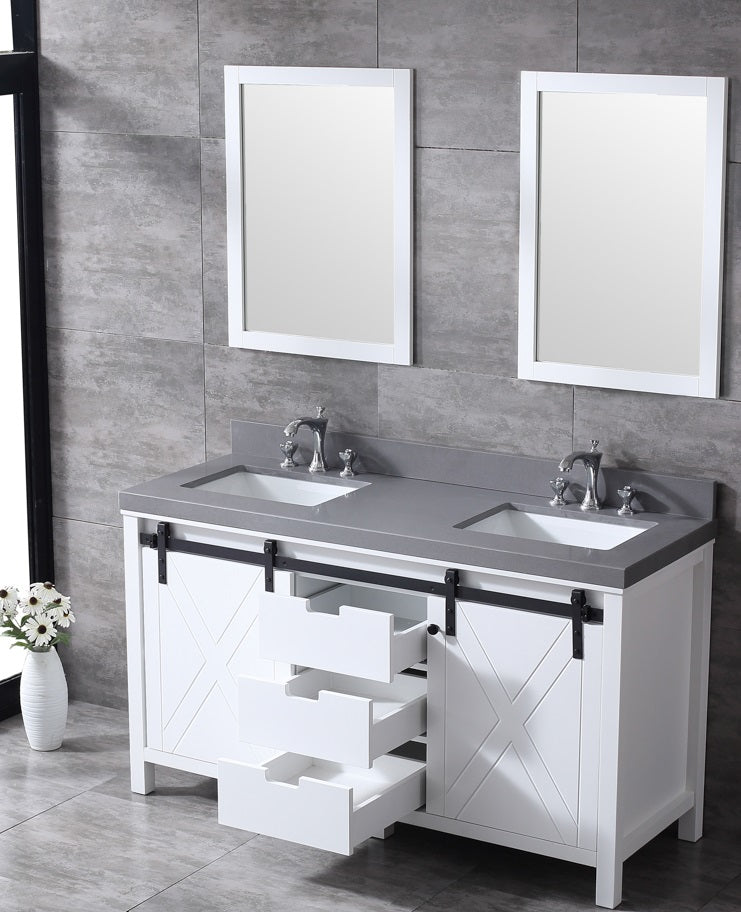 Lexora Marsyas 60" White Double Vanity, Grey Quartz Top, White Square Sinks and 24" Mirrors LM342260DAASM24