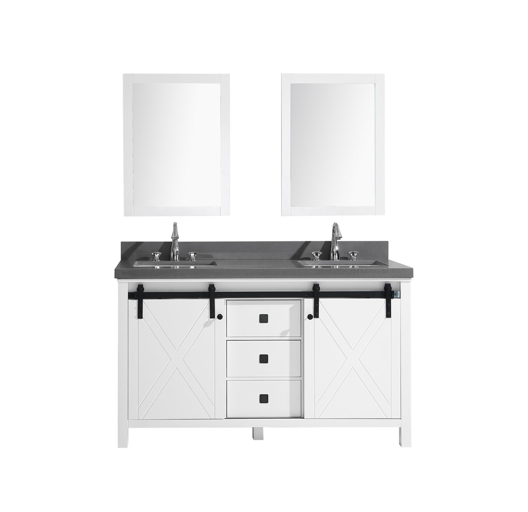 Lexora Marsyas Veluti 60" White Double Vanity, Grey Quartz Top, White Square Sinks and 24" Mirrors LM343360DAASM24