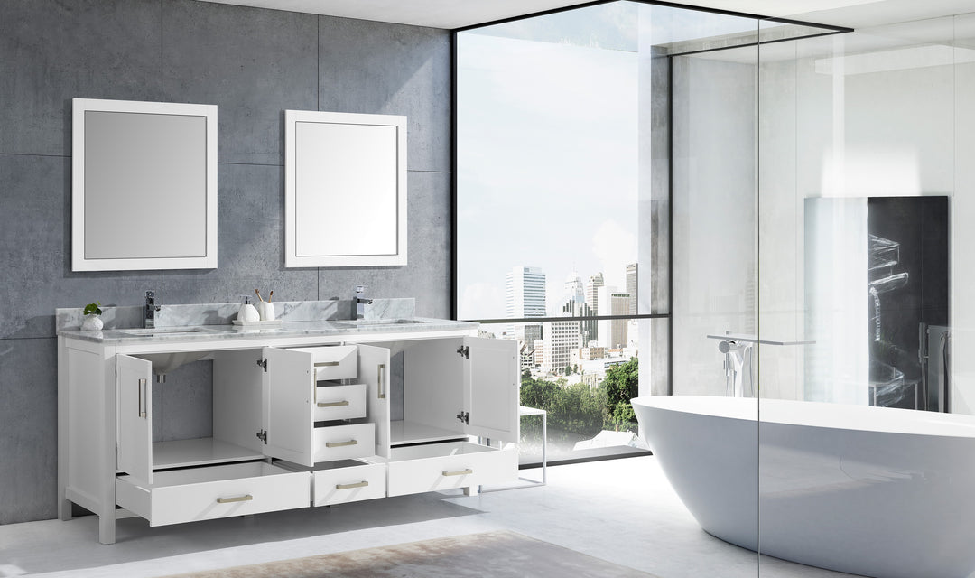 Lexora Jacques 80" White Double Vanity, White Carrara Marble Top, White Square Sinks and 30" Mirrors LJ342280DADSM30