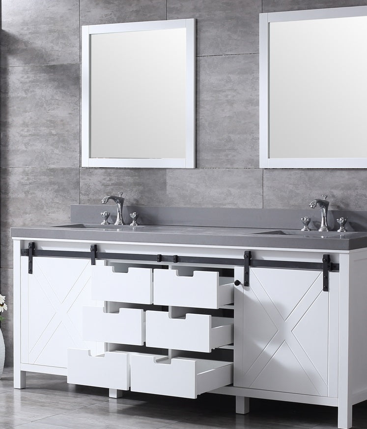 Lexora Marsyas 80" White Double Vanity, Grey Quartz Top, White Square Sinks and 30" Mirrors LM342280DAASM30