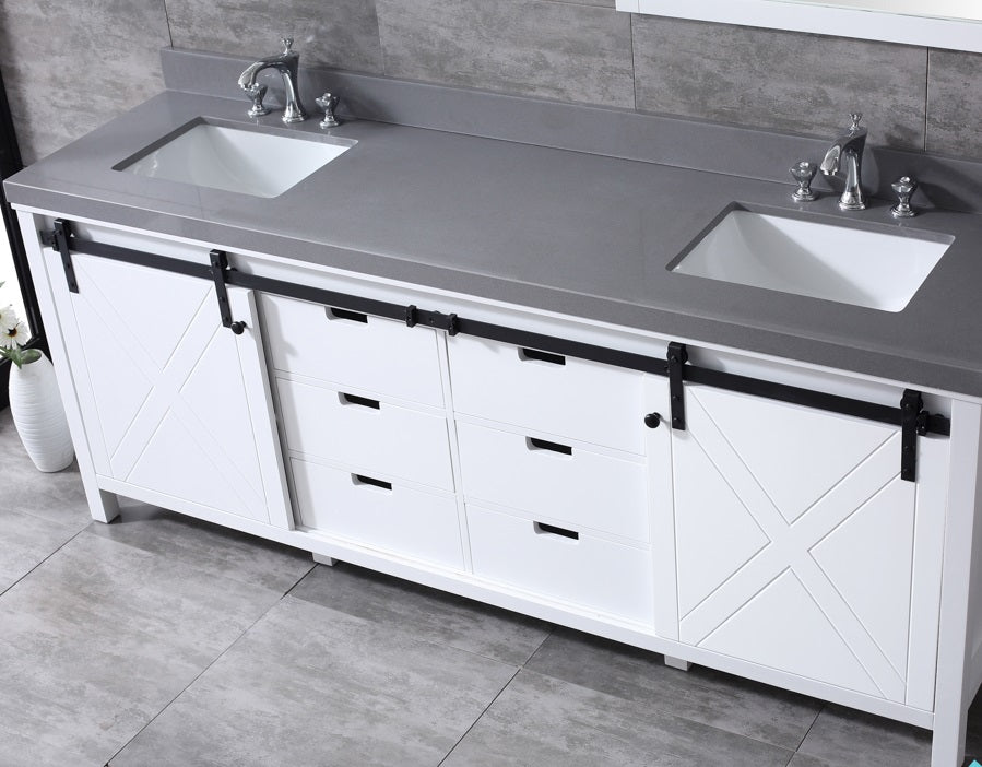 Lexora Marsyas 84" White Double Vanity, Grey Quartz Top, White Square Sinks and 34" Mirrors LM342284DAASM34