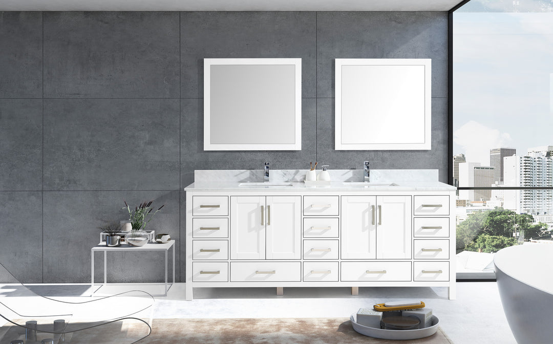 Lexora Jacques 84" White Double Vanity, White Carrara Marble Top, White Square Sinks and 34" Mirrors LJ342284DADSM34