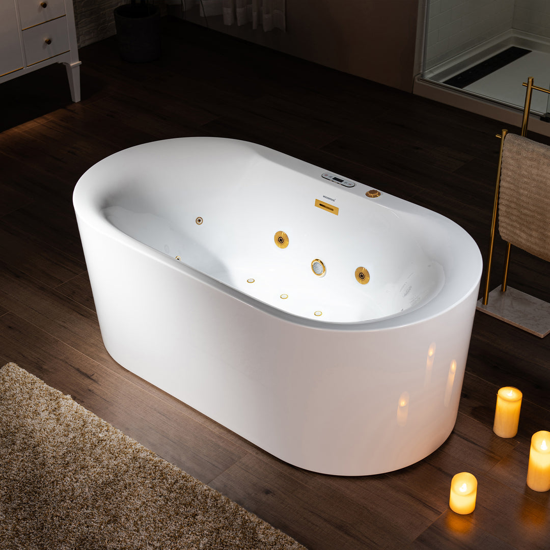 WOODBRIDGE 59" x 31-1/2" 100 Series Whirlpool Water Jetted and Air Bubble Freestanding Heated Soaking Combination Bathtub with LED control panel