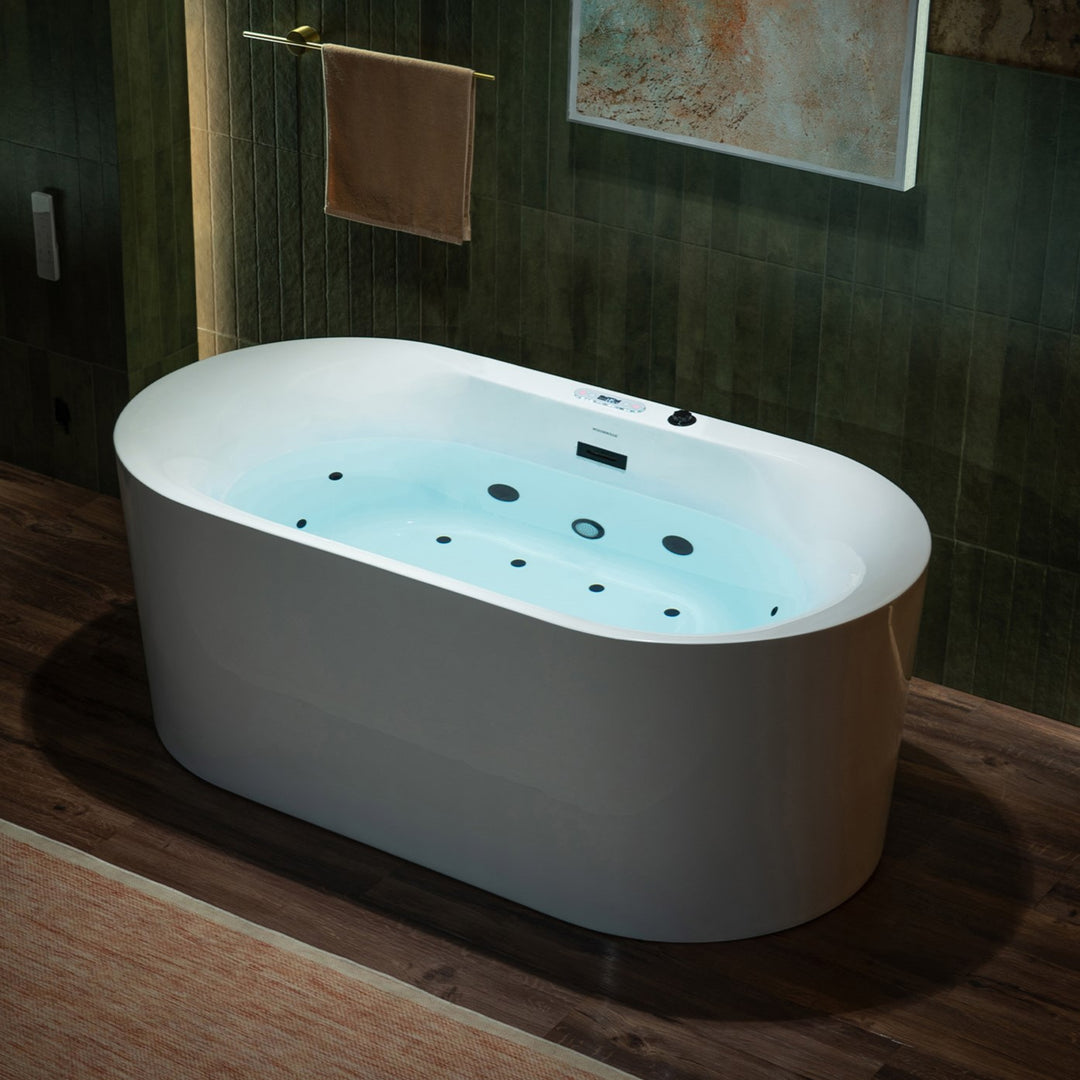 WOODBRIDGE 59" x 31-1/2" 100 Series Whirlpool Water Jetted and Air Bubble Freestanding Heated Soaking Combination Bathtub with LED control panel
