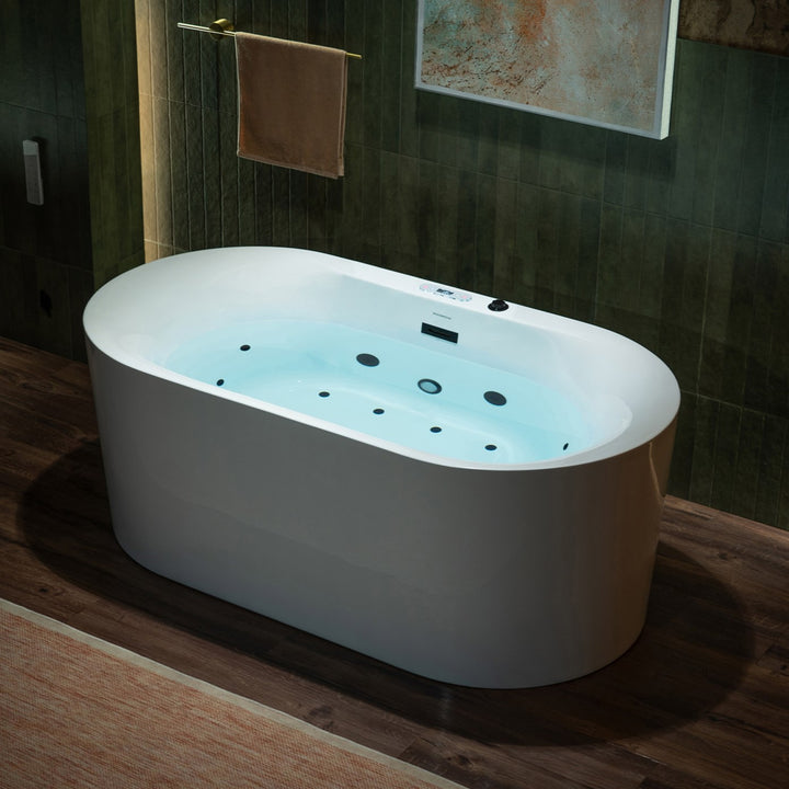 WOODBRIDGE 59" x 31-1/2" 100 Series Whirlpool Water Jetted and Air Bubble Freestanding Heated Soaking Combination Bathtub with LED control panel