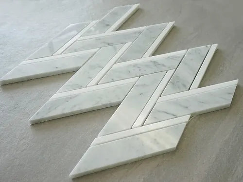 Elegant Mosaic AR1 White Carrara and Thassos White Herringbone on 15" x 15.5"